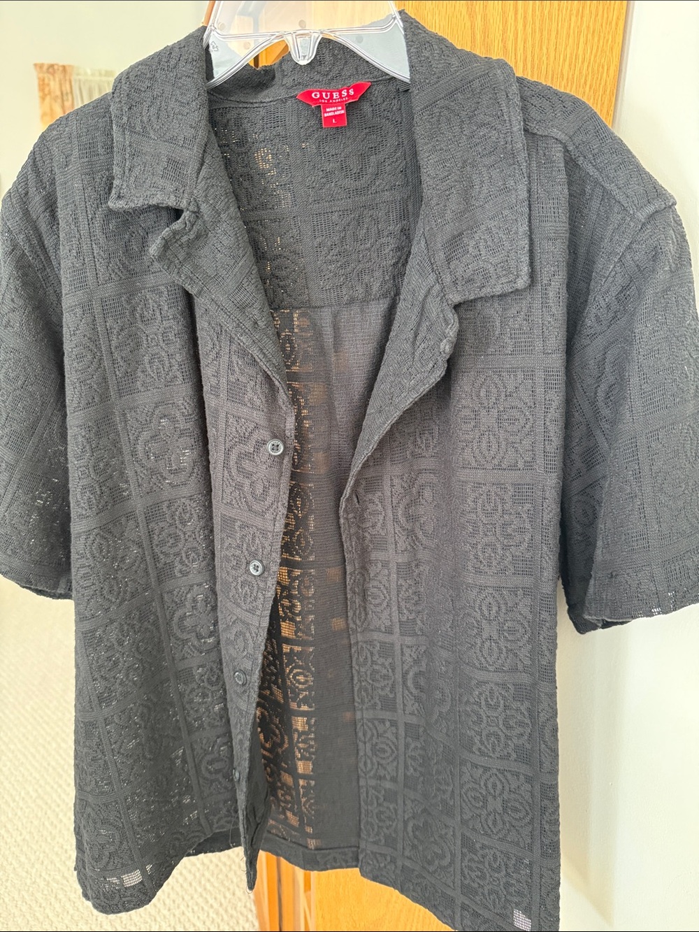 GUESS Black Short-Sleeve Crochet Shirt sz L